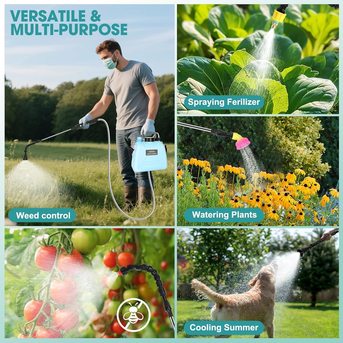 Electric Garden Sprayer 1.72 Gallon - Rechg Battery Powered Backpack Sprayer with 4 Mister Nozzles, Retractable Wand, Shoulder Strap - Weed Sprayer for Spring Time Planting, Sprayers in Lawn & Garden