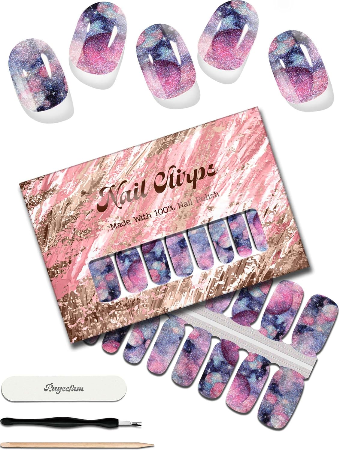 Glitter Nail Polish Strips, 32 Pcs Salon Quality Gel Nail Stickers, Long Lasting Wraps Easy to Use & Remove (Blue and Pink Planet)