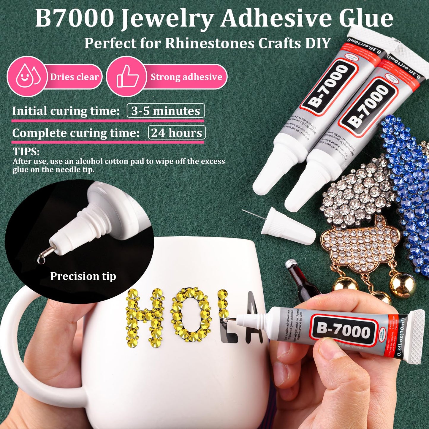 Resin Rhinestones for Crafting with B7000 Jewelry Glue, 2 Boxes Bright Gold Flatback Crystals with 3Pcs 10ml Glue for Bedazzling Crafts DIY Nail Art Makeup, Gems for Clothing Shoes