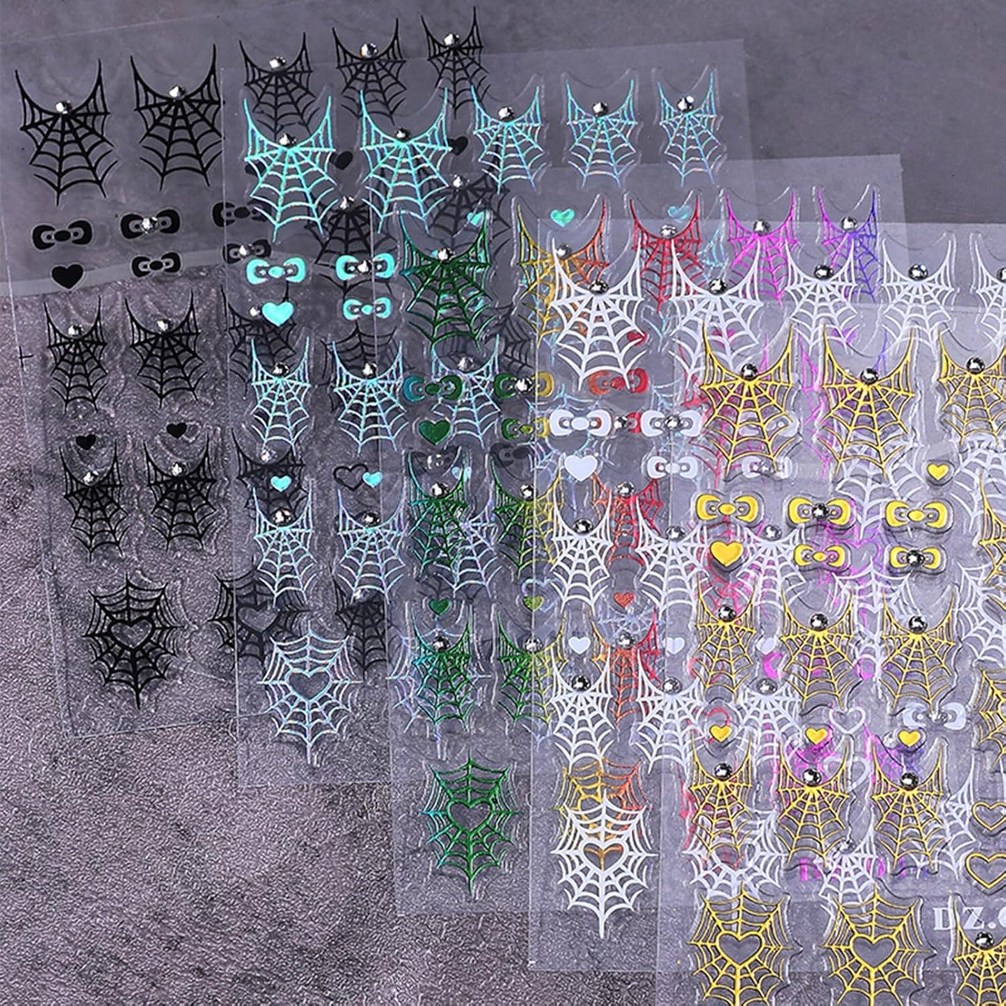 Halloween Nail Art Stickers Decals 4PCS Laser Silver Spider Web Spider Nail Decals with Rhinestone Spider Web Bow Heart Spider Nail Art Supplies Cute Nail Stickers for Women Halloween Manicure Decor