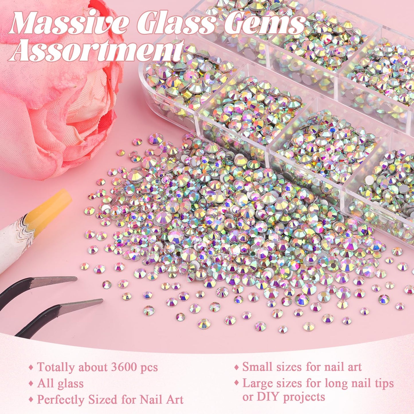 3600pcs Glass AB Nail Rhinestones 6 Sizes(1.8/2/2.4/2.8/3/4mm) Flatback Crystal Nail Charms Jewels Decoration for Nail Art and Crafting, Tweezer and Pickup Pen included