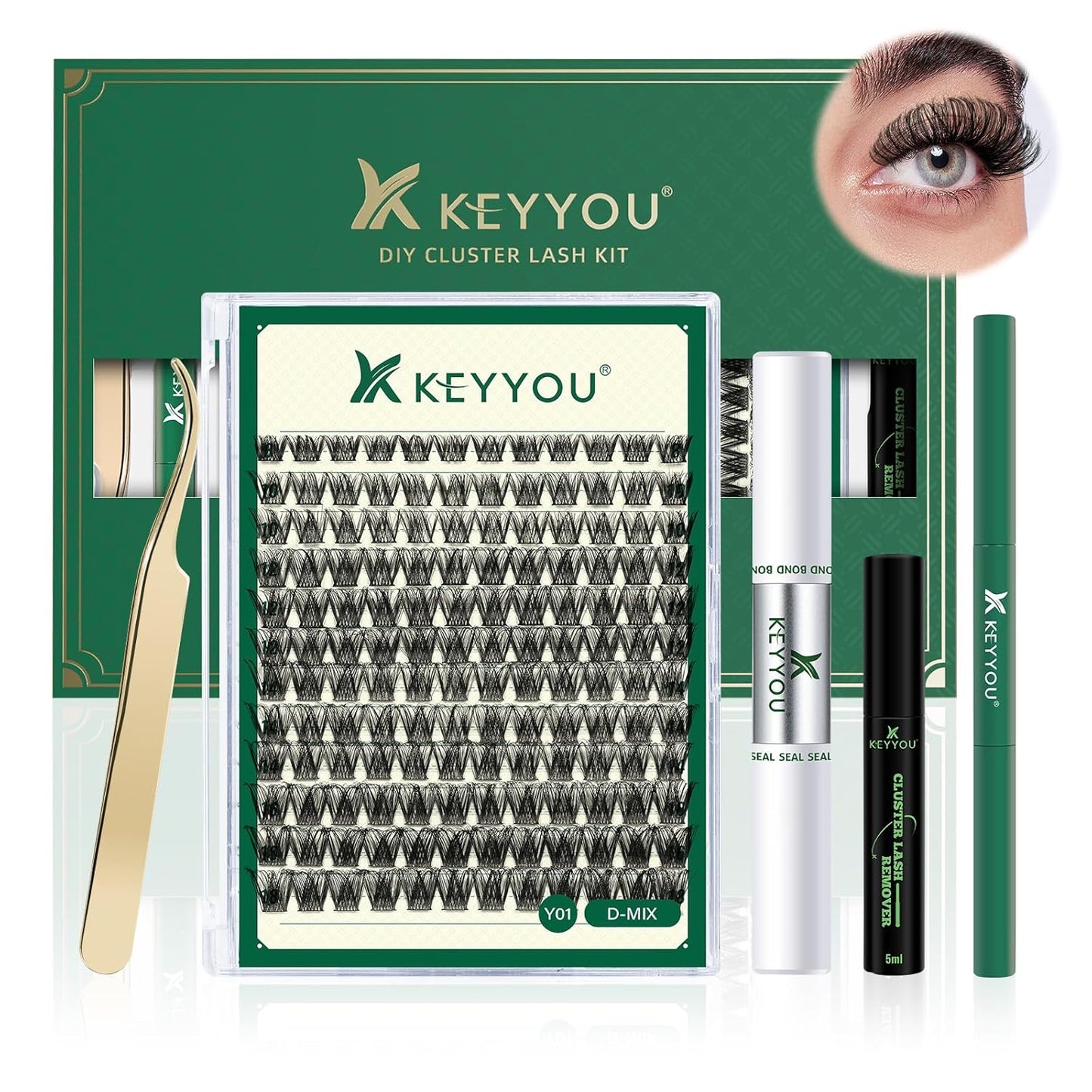DIY Lash Extension Kit KEYYOU 144pcs Lash Clusters Eyelash Extension Kit with Mascara Brush Bond and Seal Lash Glue Remover Lash Applicators Lash Brush for DIY Lash Extensions (Y01 Kit)