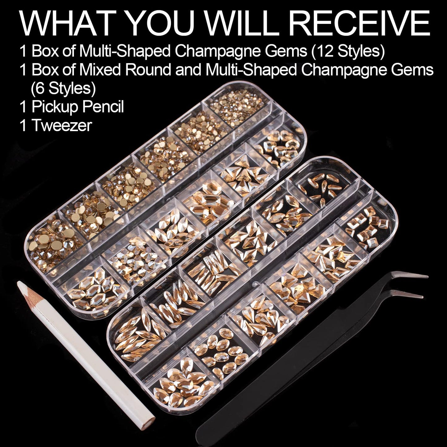 18 Styles Multi-Shaped Glass Gemstones for Nails and 6 Sizes Round Crystal Rhinestones Kit #5, Champagne Nail Art Charm Bead Manicure Decoration with Pickup Pencil and Tweezer