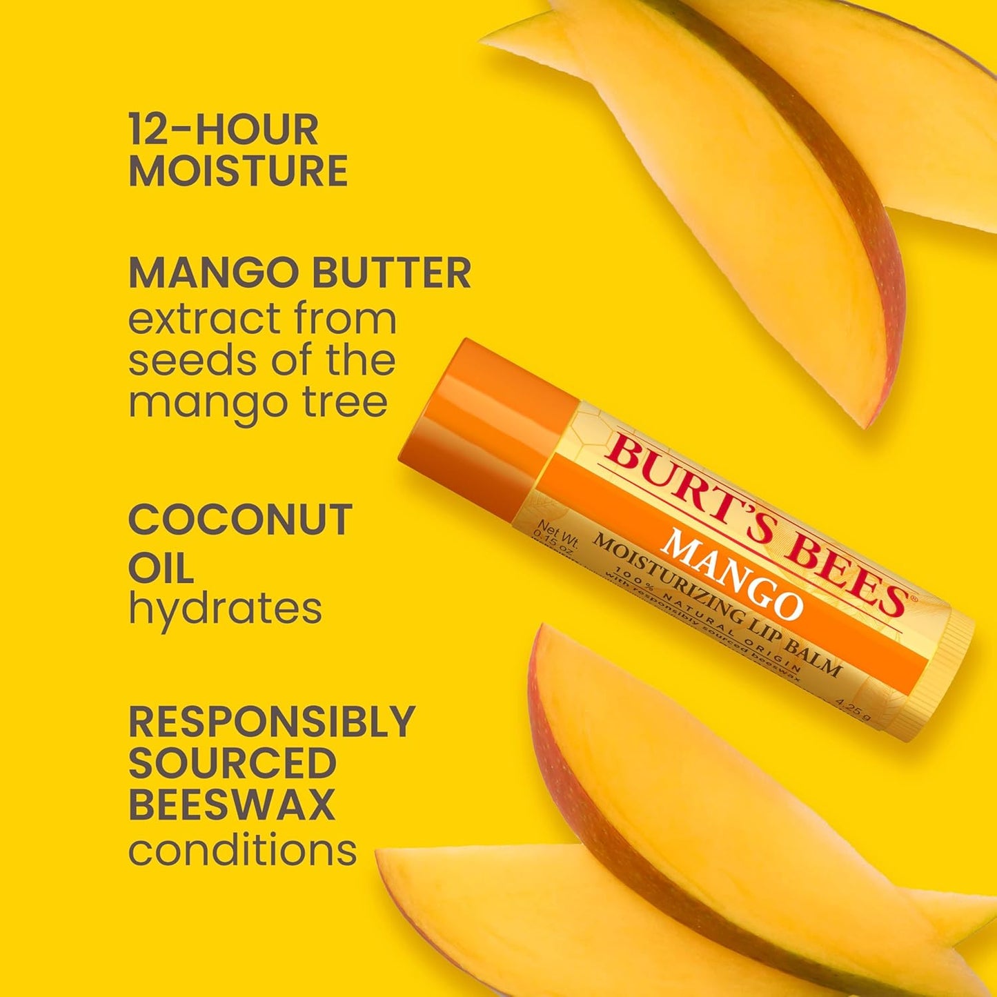 Burt's Bees Lip Balm - Pink Grapefruit, Mango, Coconut & Pear, and Pomegranate Pack, Lip Moisturizer With Beeswax, Tint-Free, Natural Origin Conditioning Treatment, 4 Tubes, 0.15 oz.