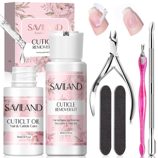 SAVILAND Cuticle Remover and Cuticle Oil Kit – Nail Care Kit with Cuticle Remover Liquid & 1.01 oz Cuticle Oil Cuticle Trimmer for Cuticle Softener & Moisturize Manicure Kit for Home Use