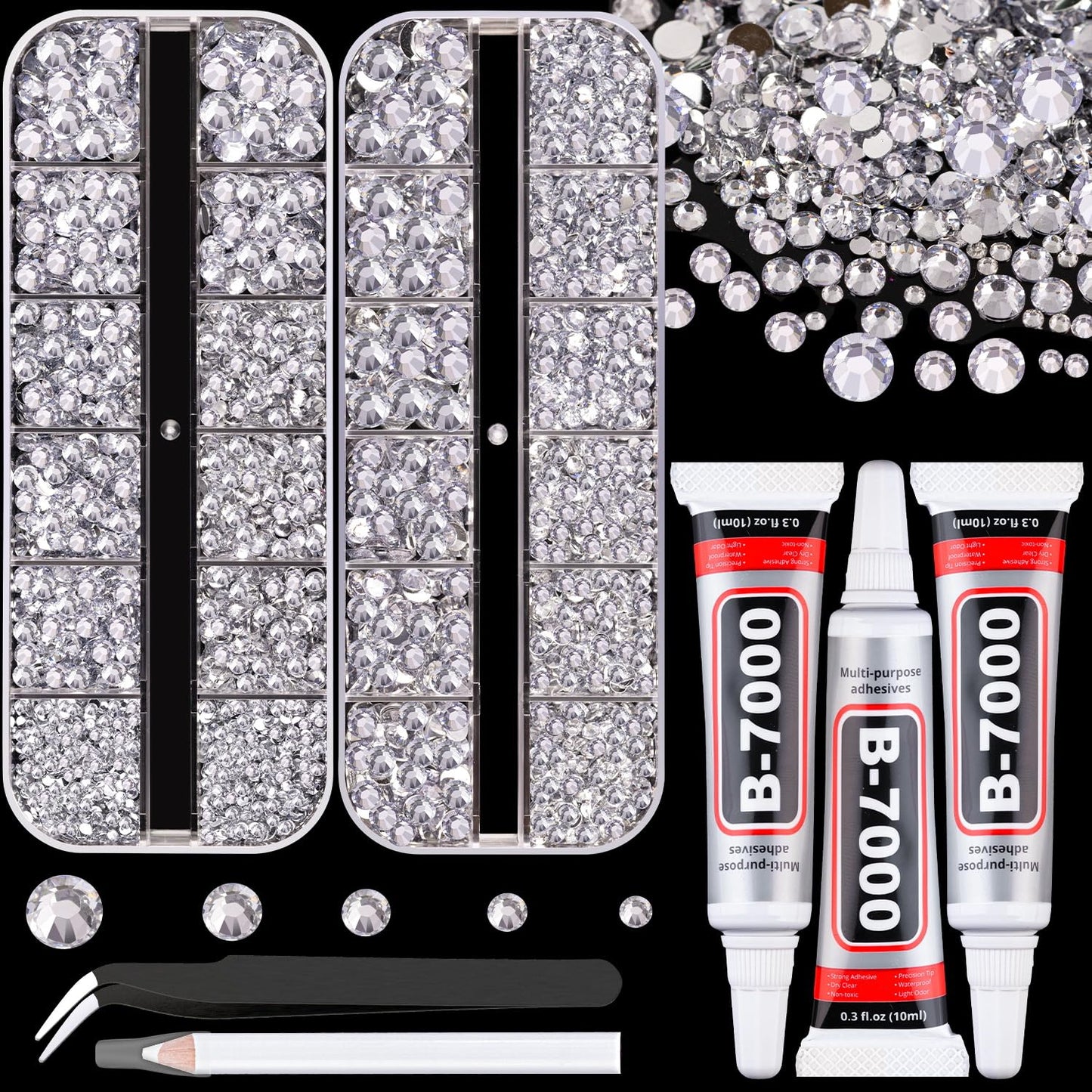 Resin Rhinestones for Crafting with B7000 Jewelry Glue, 2 Boxes Silver Clear Flatback Crystals with 3Pcs 10ml Glue for Bedazzling Crafts DIY Nail Art Makeup，Gems for Clothing Shoes