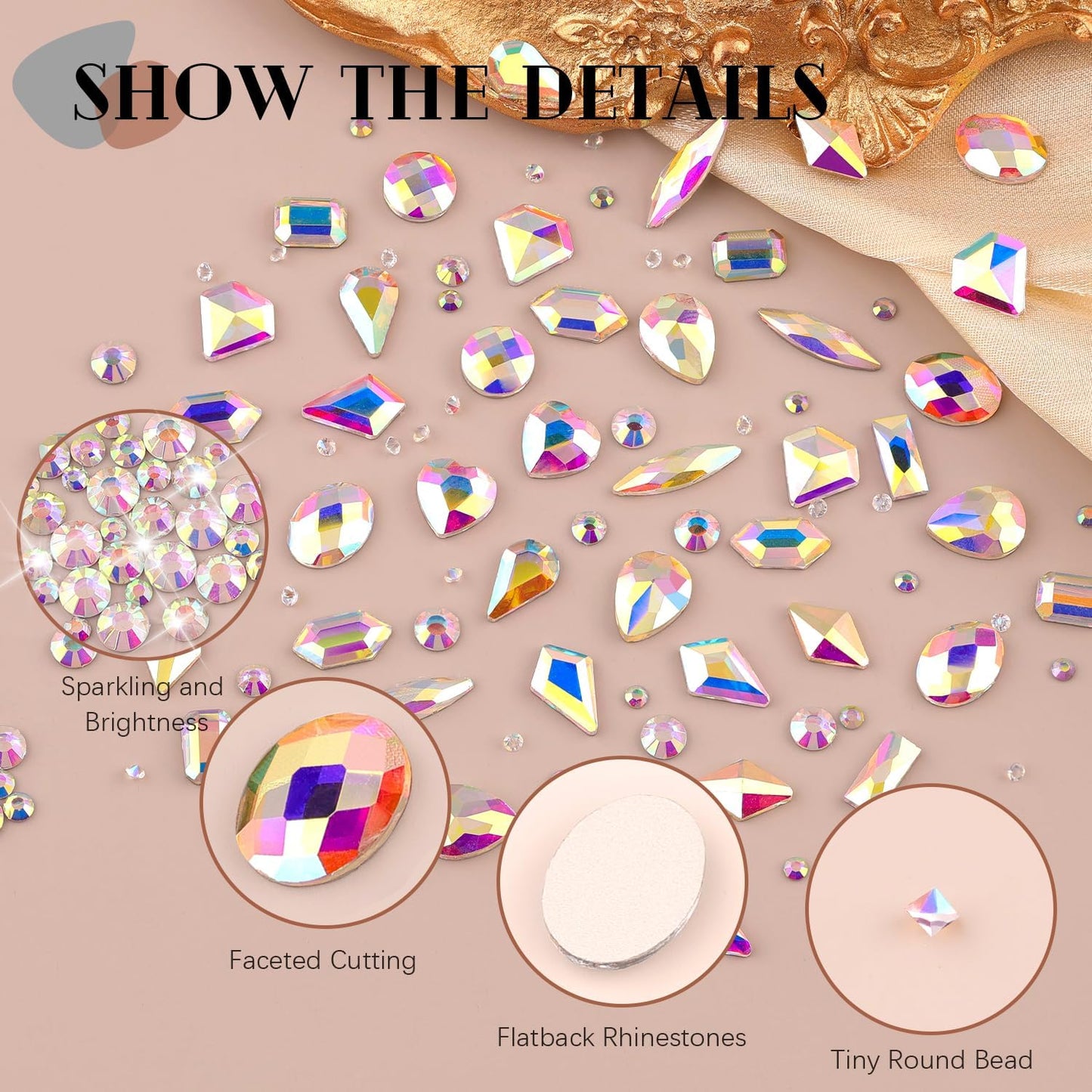 2680Pcs AB Glass Nail Rhinestones 120Pcs Multi Shapes Flatback Nail Gems + 2560Pcs 1.5-4mm Round Crystal, Manicure Nail Charms Diamond Gemstones for Acrylic Nails Decoration