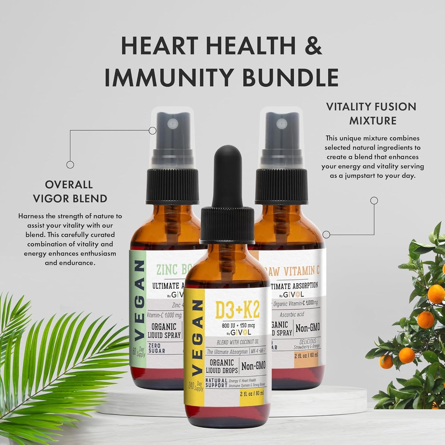 Immunity Support Pack - Raw Vitamin C, D3 & K2 Liquid, Zinc Picolinate - Premium Heart Health Vitamins w/Essential Minerals, Antioxidant Properties, & Cardiovascular Benefits - 180 Days Supply