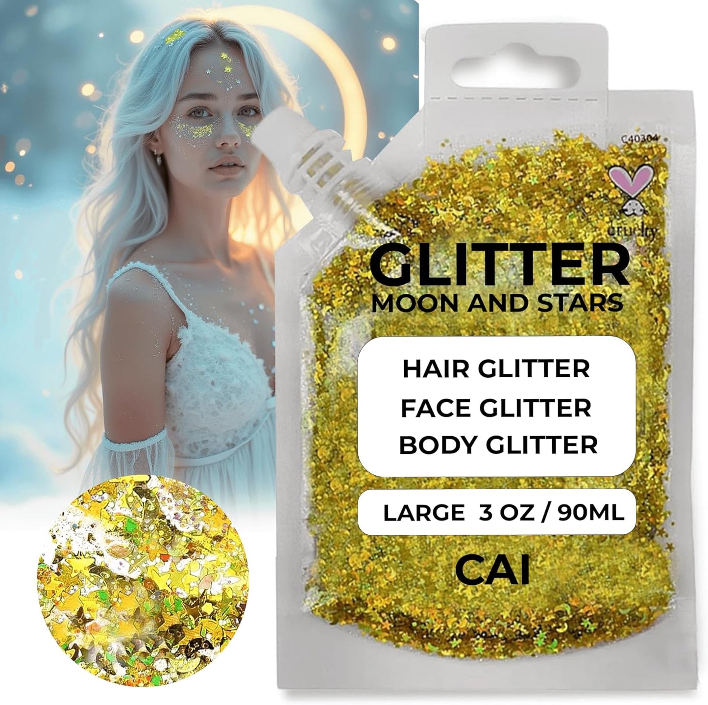 Face, Body & Hair Glitter Gel – Halloween Glitter for Kids and Women – 3 Oz Cosmetic-Grade Gel w/Moon & Stars for Festivals & Halloween Party, Easy Apply & Wash Off - Gold 2Pack