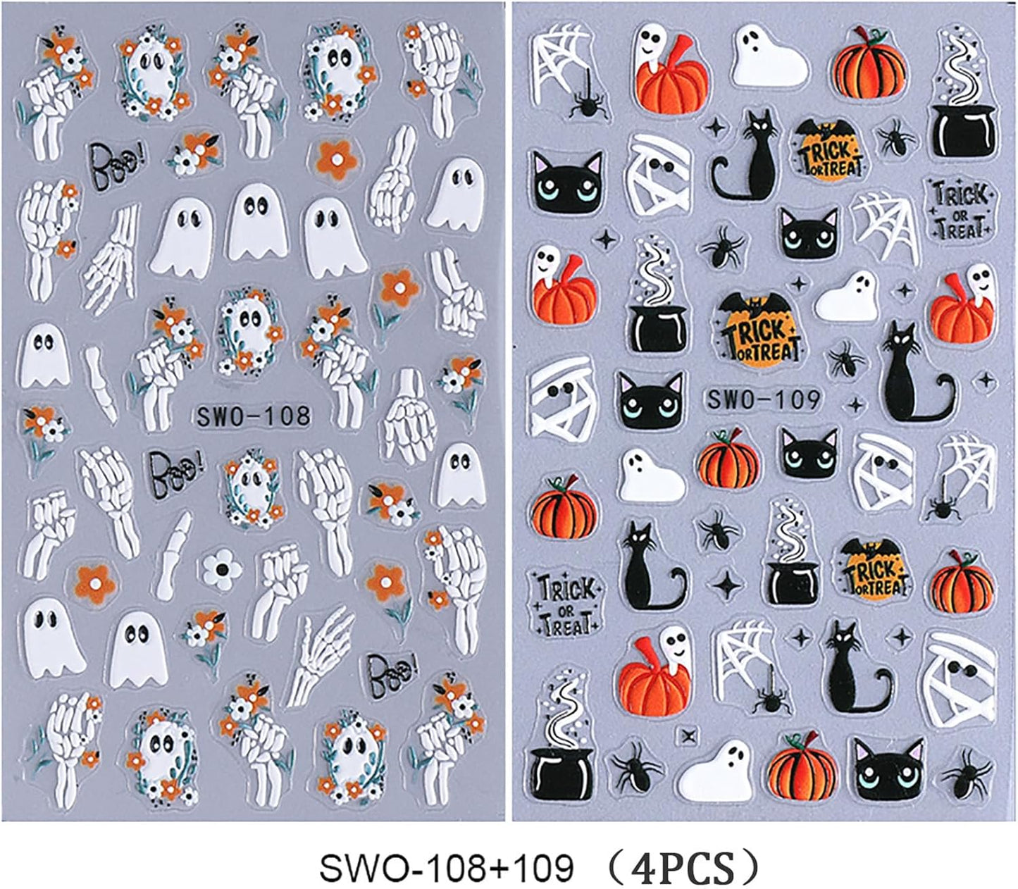 Halloween Nail Stickers 5D Spooky Nail Decals 4PCS Self-Adhesive Black Cat Pumpkins Spider Web Ghost Skeleton Hand Skull Design Gothic Halloween Nail Art Supplies for Women Holiday Nail Decorations