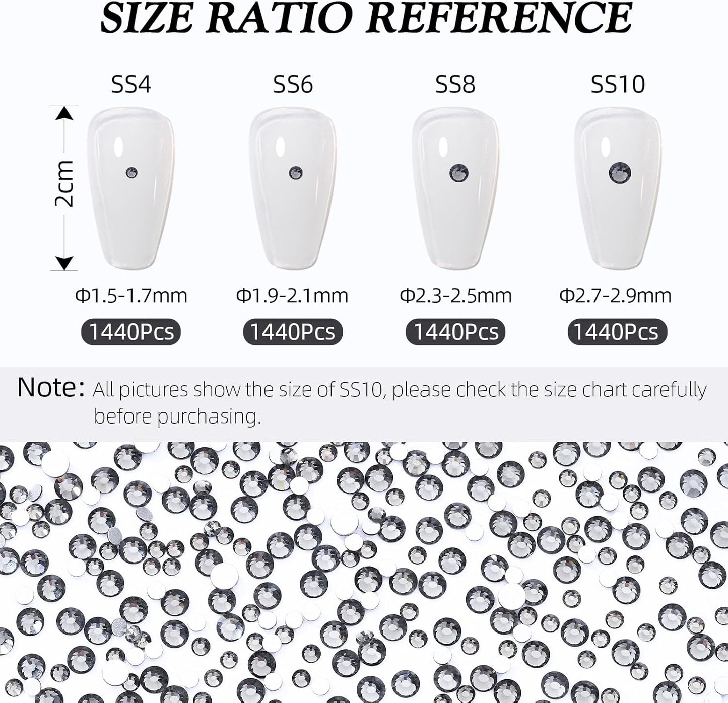 Gray Flatback Rhinestones, Glass Rhinestones for Nail Art and Craft, Glue Fix, Loose Crystal Gemstones(Gray, SS6, 1440pcs, 1.9-2.0mm)