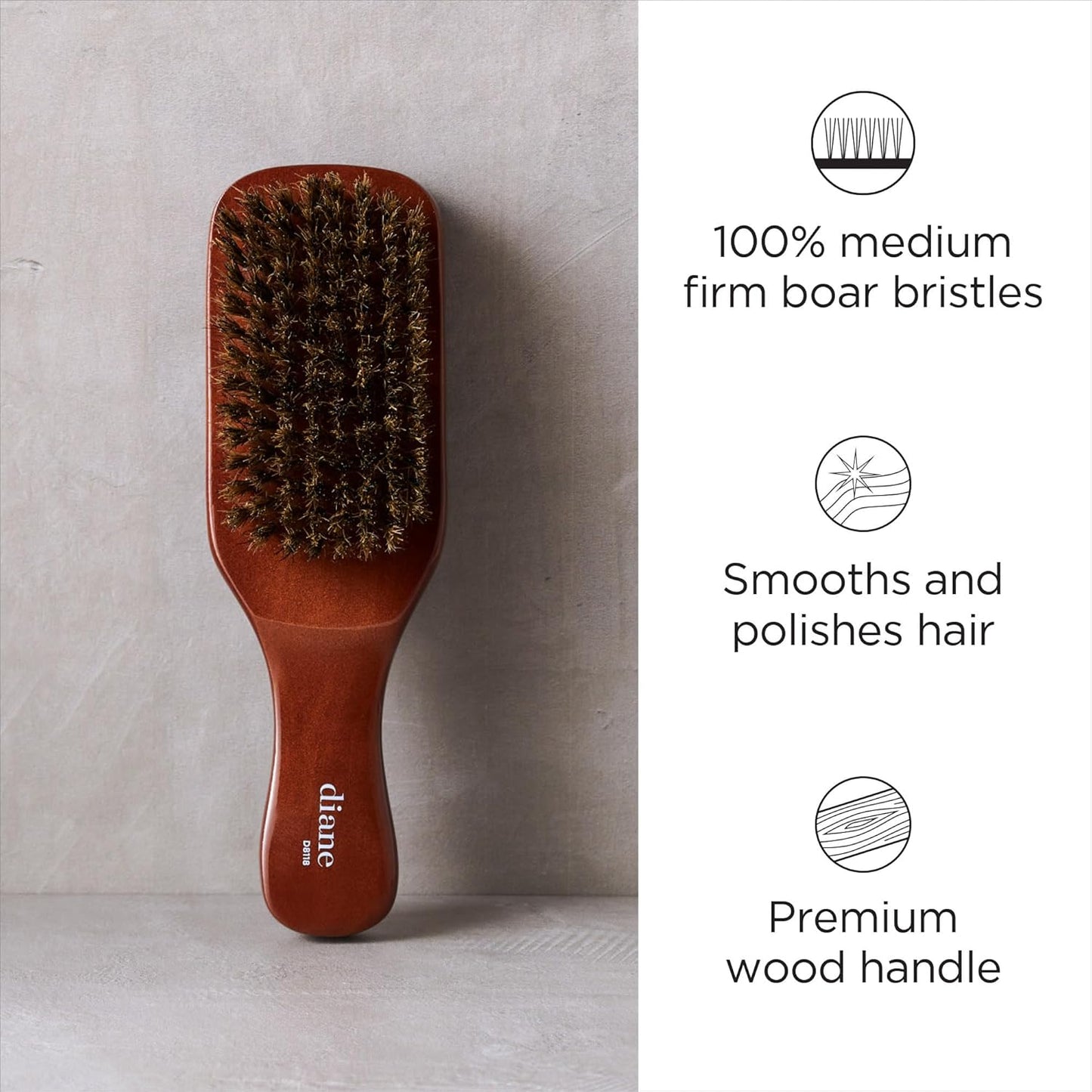 Diane Premium 100% Boar Bristle Club Wave Styling Brush for Men and Barbers, Medium-Firm Bristles for Thick Coarse Hair, Detangling, Smoothing