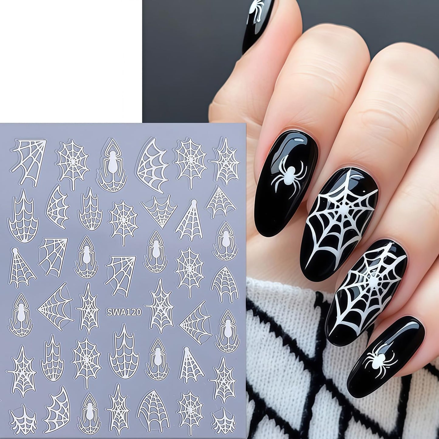 10 Sheets Spider Nail Art Stickers Halloween Nail Decals 3D Self-Adhesive Laser Black White Gold Silver Spiders and Spider Web Nail Sticker Design DIY Holiday Party Nails Supplies for Salon Manicure