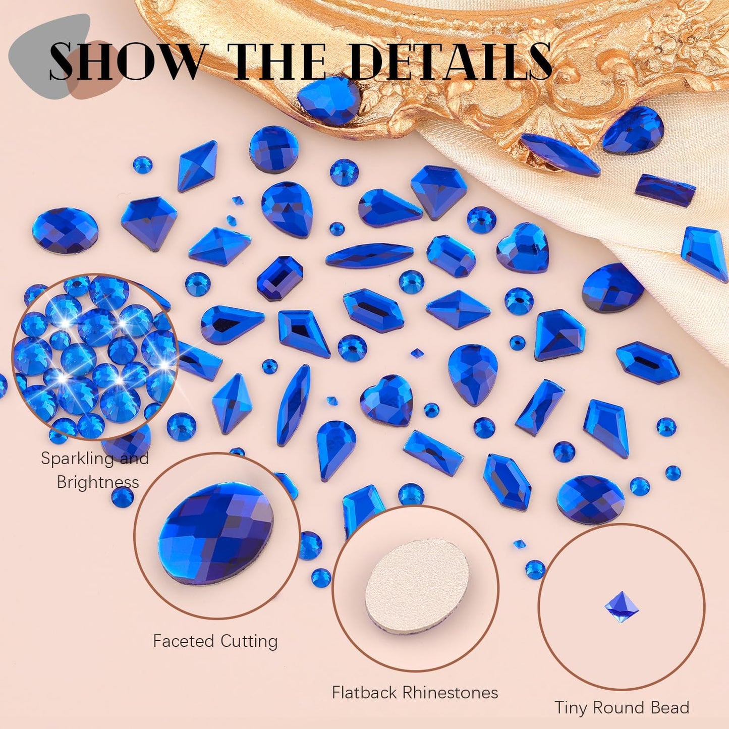 2060Pcs Royal Blue Glass Nail Rhinestones 60Pcs Multi Shapes Flatback Nail Gems + 2000Pcs 1.5-4mm Round Crystal, Manicure Nail Charms Diamond Gemstones for Acrylic Nails Decoration