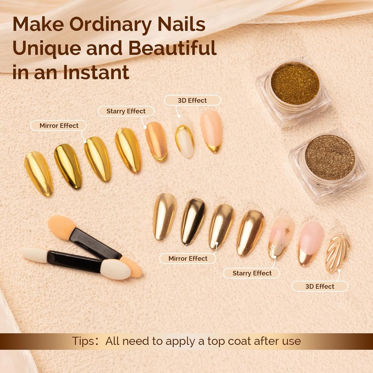 MelodySusie 2Pcs Chrome Nail Powder for Gel Nails,Metallic Mirror Effect Pigment Stylish and Technological Fine Glitter for Home DIY Salon Use