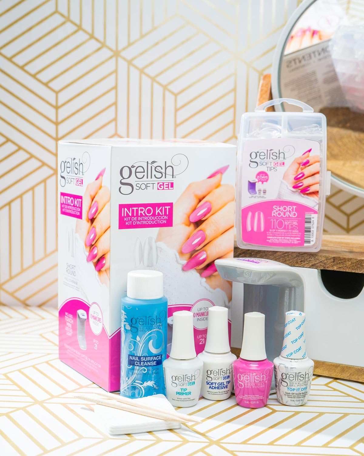 Gelish Soft Gel™ Intro Starter Kit – Full Coverage Press On Tips, LED Nail Lamp, Long-Lasting, Fast Application, No Chip, At-Home Gel Nails, Easy to Use (Short Round Kit)