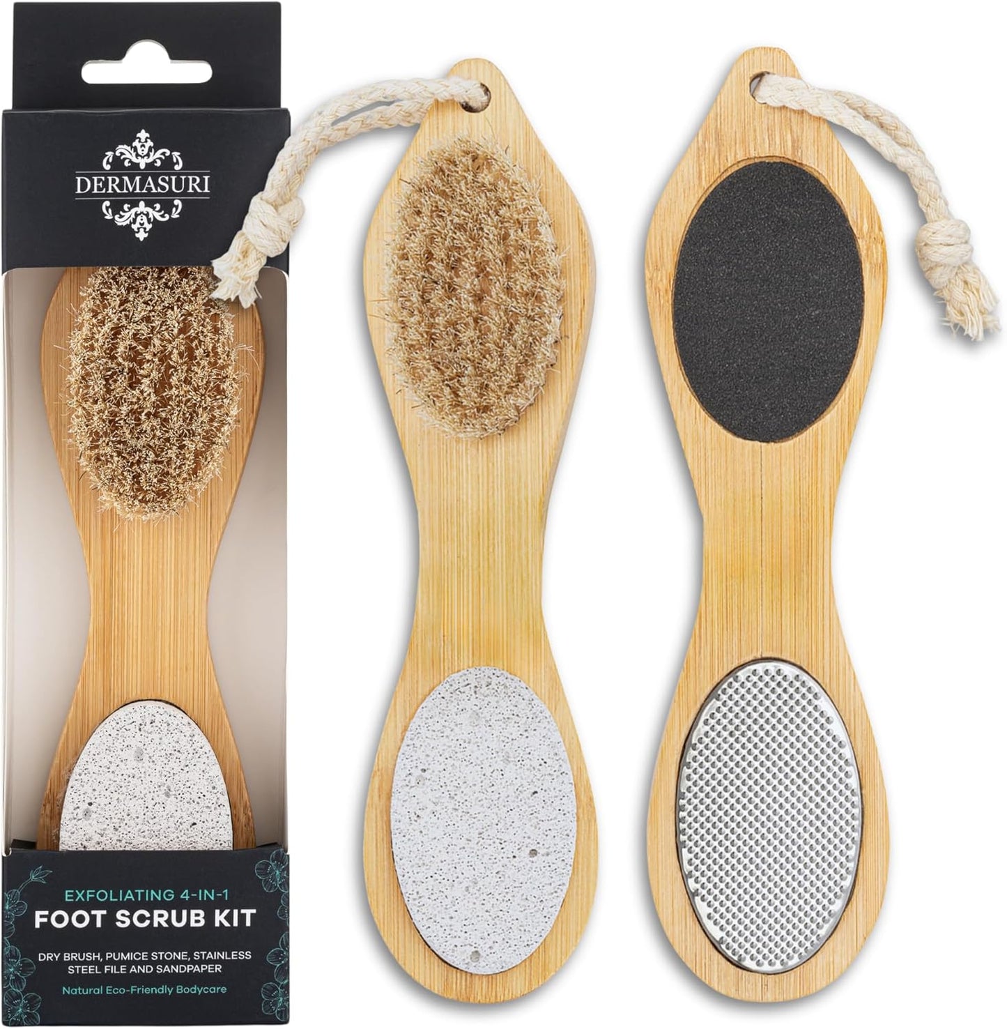 Dermasuri 4 in 1 Exfoliating Foot Scrub Kit - Multi Purpose Foot Care - Natural Bamboo Pedicure Foot Spa Kit - Pumice Stone Callus Remover, Stainless Steel File, Sand Paper Surface, & Dry Brush