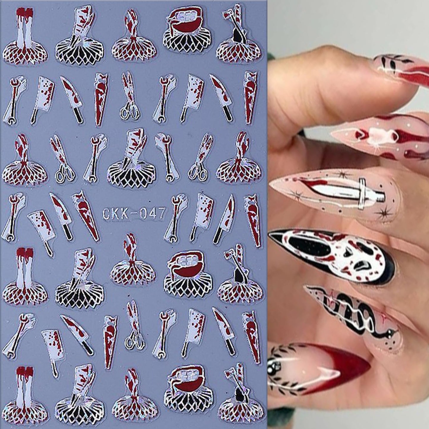 6 Sheets Halloween Nail Art Stickers 3D Self -Adhesive Bloods Hand Skeleton Nail Decals Holographic Blood Knives Nail Stickers Halloween Nail Decoration for Women Manicure Supplies