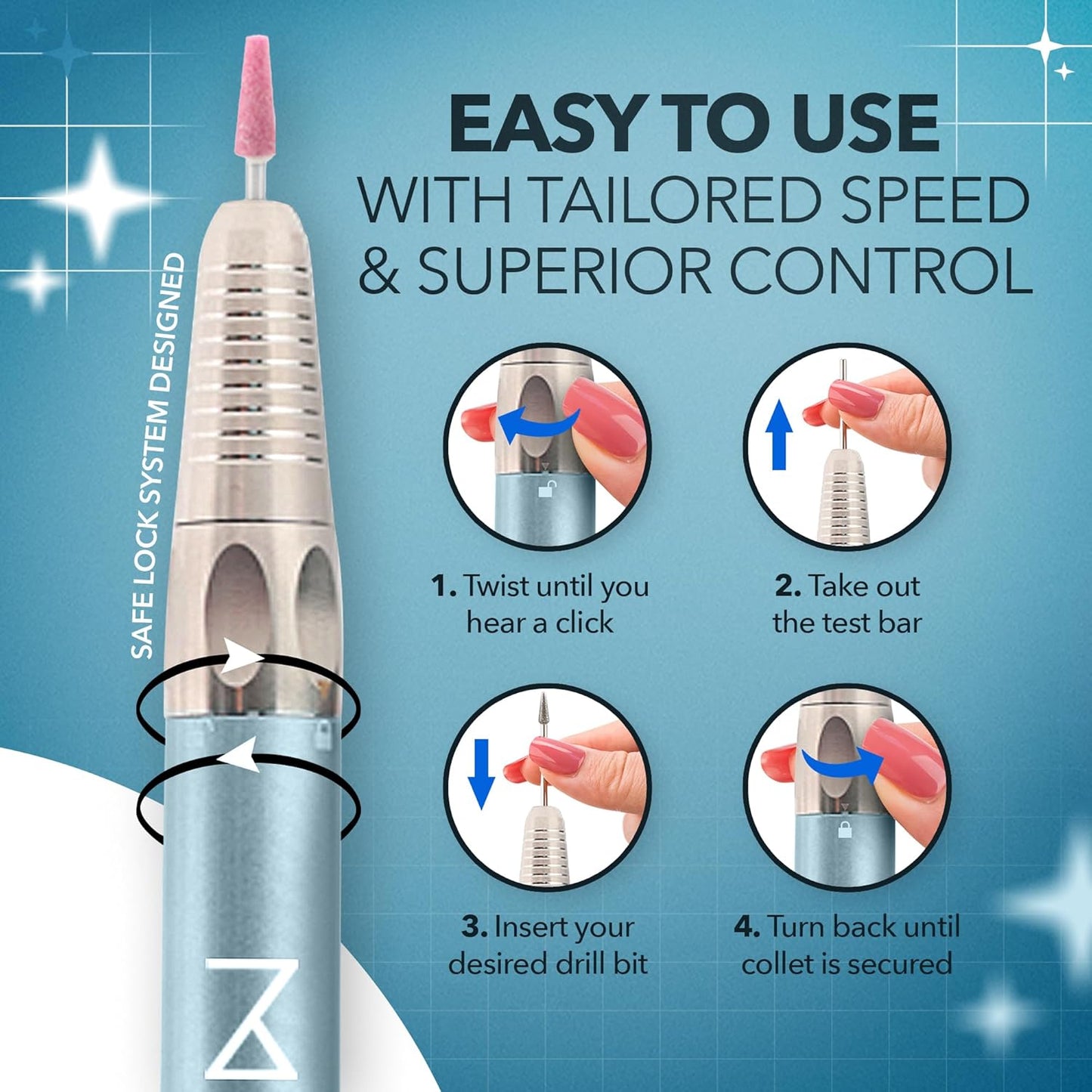 M Max - Professional Nail Drill Machine - 2-in-1 Brushless Motor Nail File - Electric, Cordless, Aluminium Alloy Casing, 35000 RPM, HD Display - Perfect for Salon & Home Use (Mermaid)