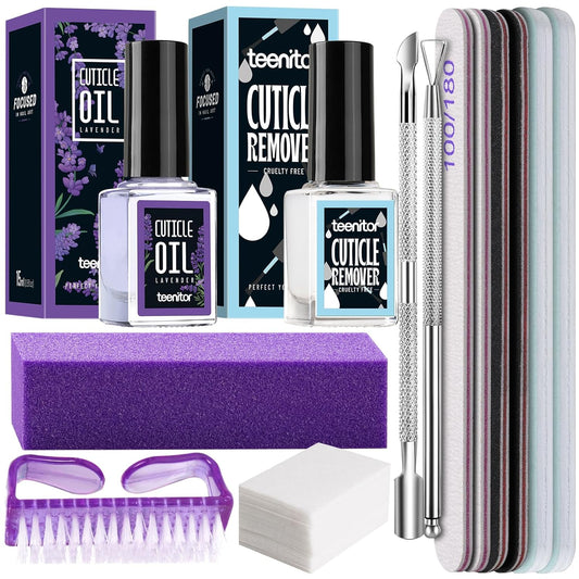 Teenitor Nail Files and Buffers, Cuticle Remover, Nail Care Kit, Nail File, Cuticle Softener, Cuticle Oil, Cuticle Pusher, Cuticle Peeler Scraper, Cuticle Remover Liquid, Nail File Kit Lavender