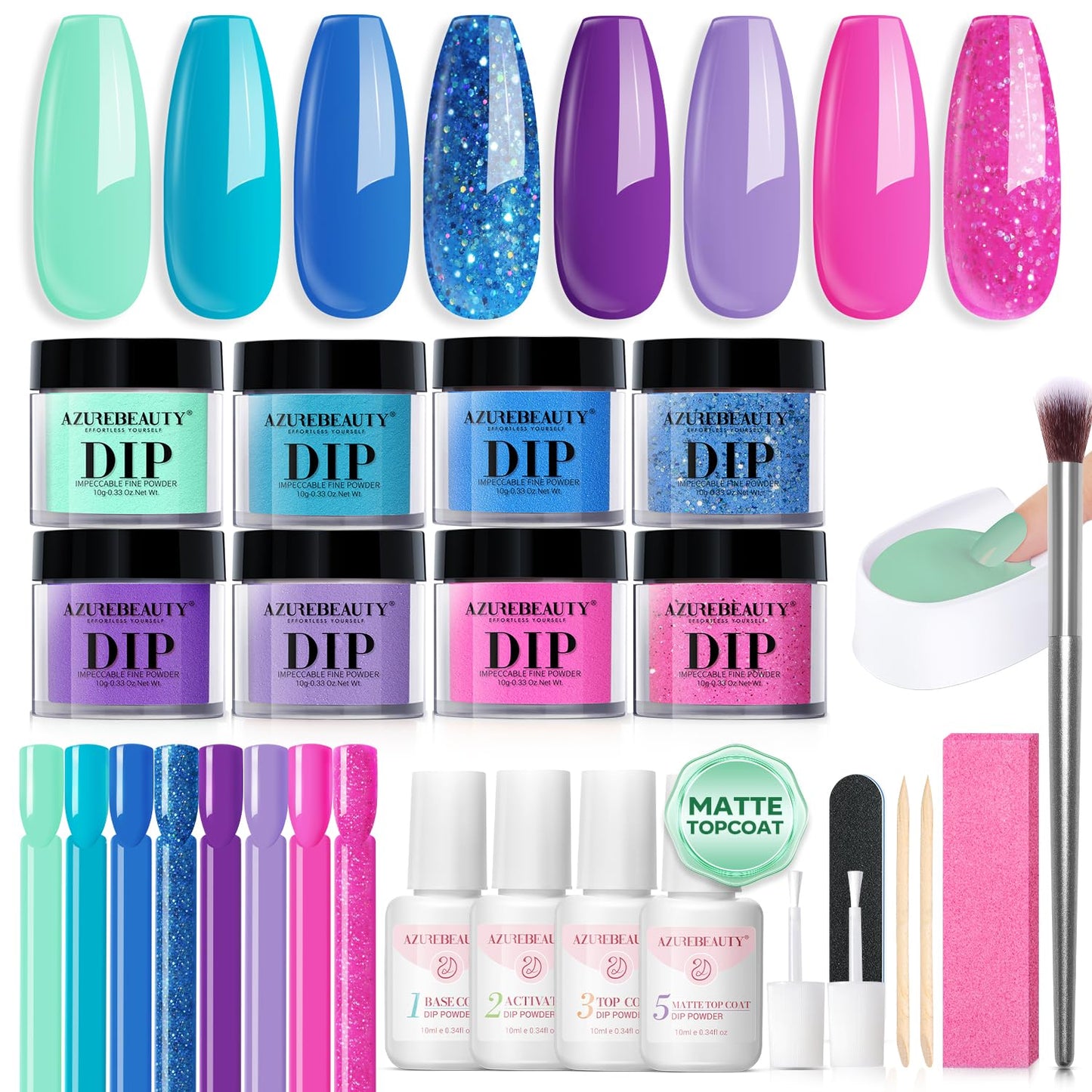 AZUREBEAUTY Dip Nail Powder Starter Kit with Matte Coat, 8 Colors Hot Pink Blue Purple Glitter Spring Dipping Powder Liquid Set with Base/Top Coat Activator 10 Nail Sticks for French Manicure
