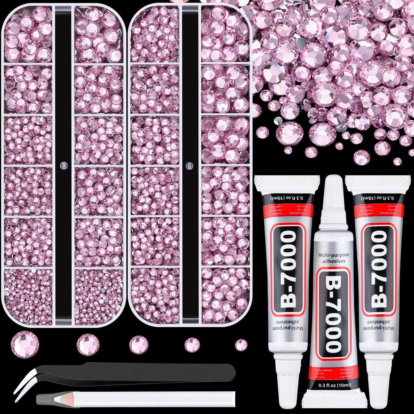 Resin Rhinestones for Crafting with B7000 Jewelry Glue, 2 Boxes Light Pink Flatback Crystals with 3Pcs 10ml Glue for Bedazzling Crafts DIY Nail Art Makeup, Gems for Clothing Shoes