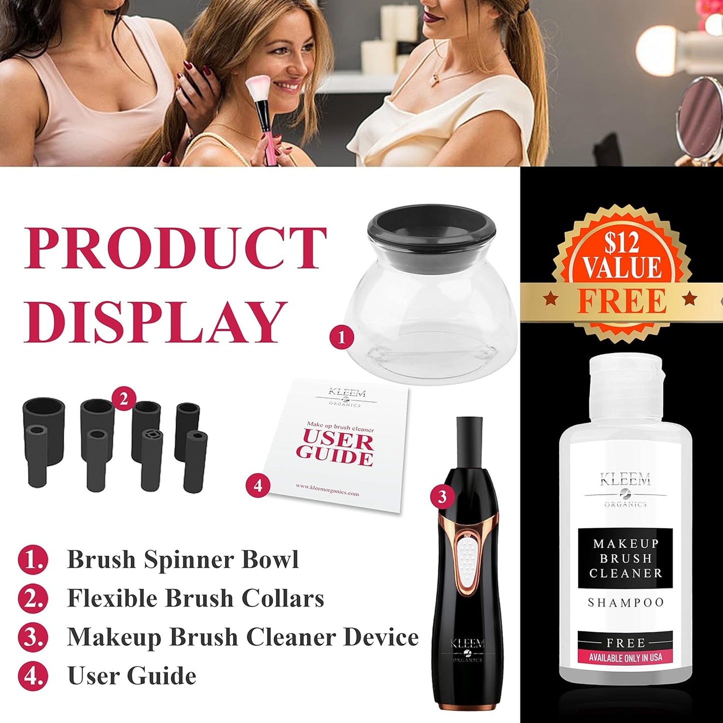 Electric Makeup Brush Cleaner Machine | Automatic Makeup Brush Washer & Spinning Dryer with Free Cleaner Shampoo | Dual-Fiber Bristles for Eyeshadow & Foundation | Made in USA | Black