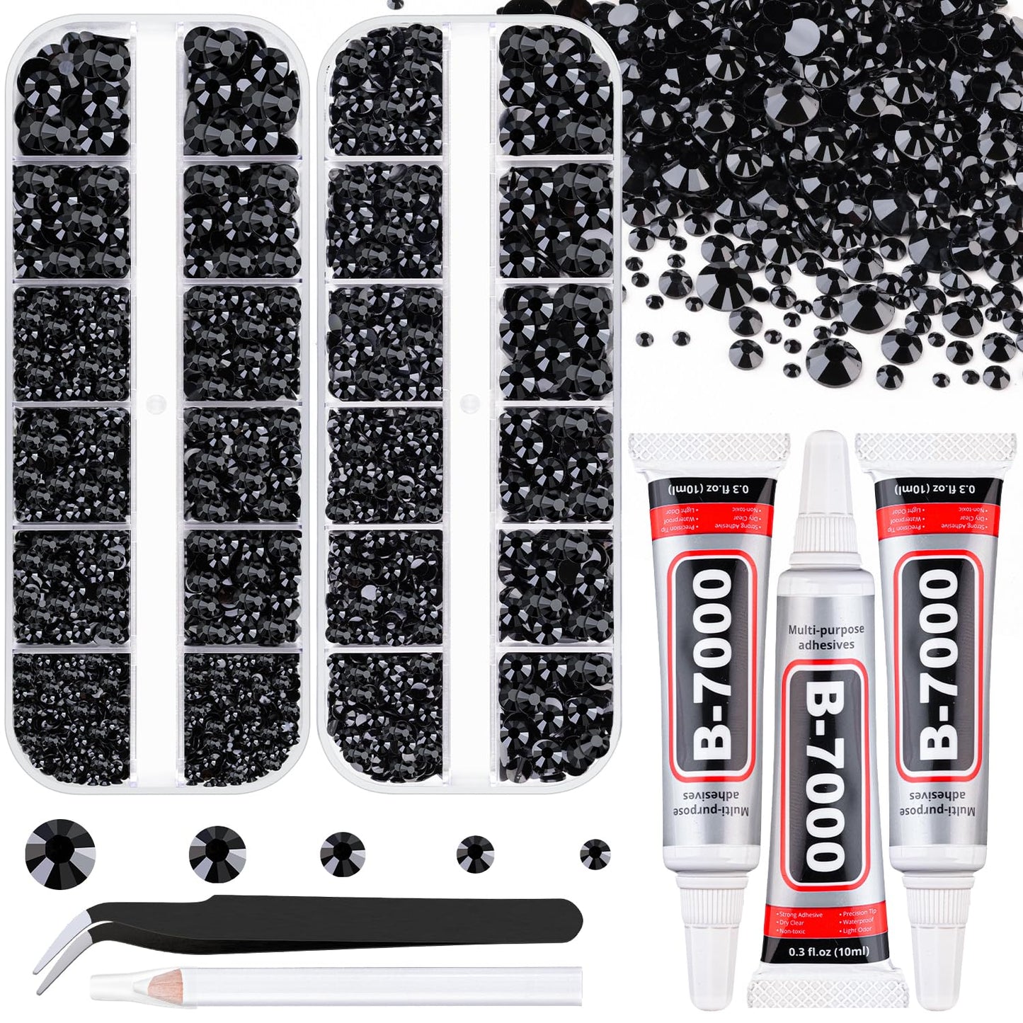 Resin Rhinestones for Crafting with B7000 Jewelry Glue, 2 Boxes Black Flatback Crystals with 3Pcs 10ml Glue for Bedazzling Crafts DIY Nail Art Makeup，Non Hotfix Gems for Clothing Shoes