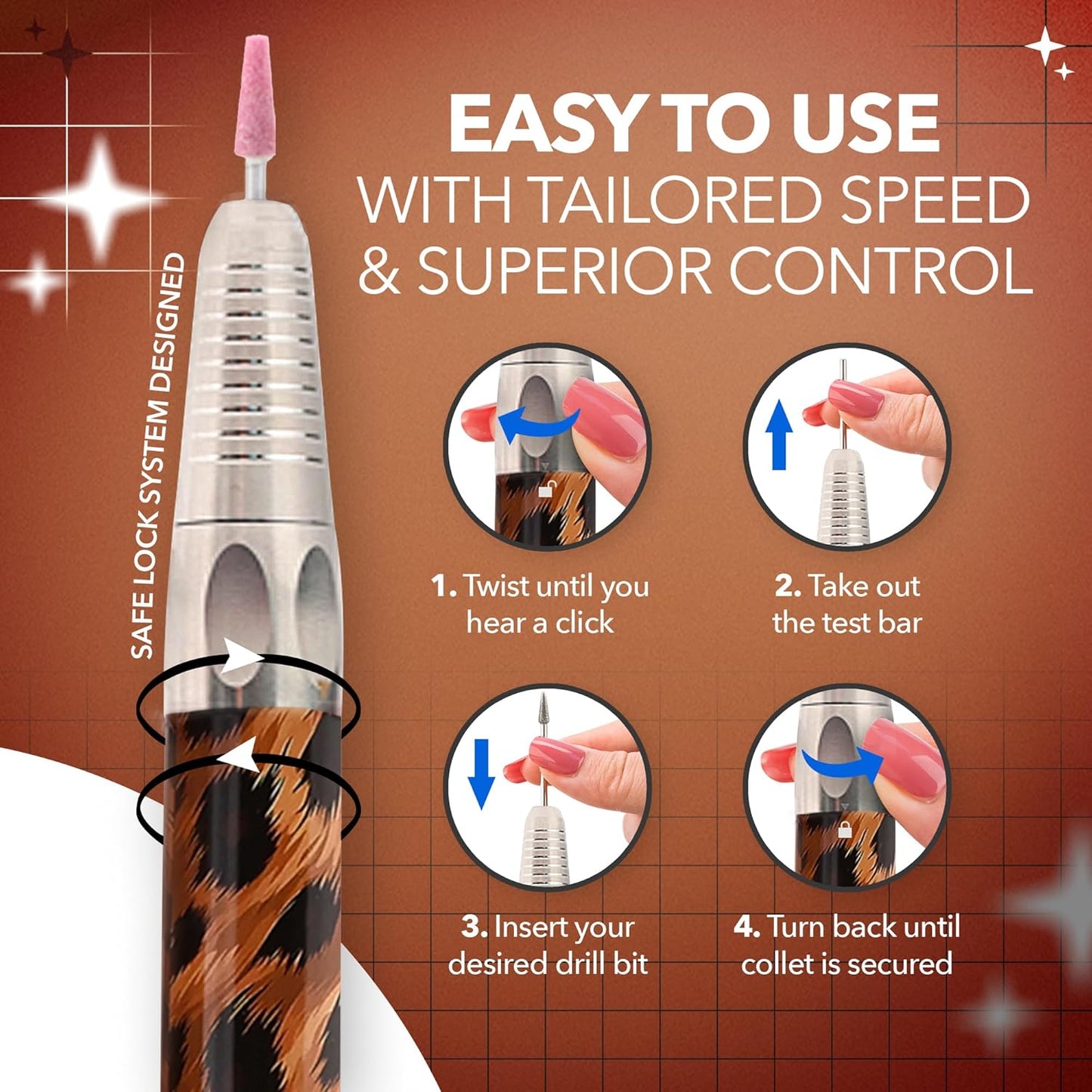 M Max - Nail Drill Professional - 2-in-1 Brushless Motor Nails Drill Machine - Electric, Cordless, Aluminium Alloy Casing, 35000 RPM, HD Display - for Salon & Home Use (Special Edition - Leopard)