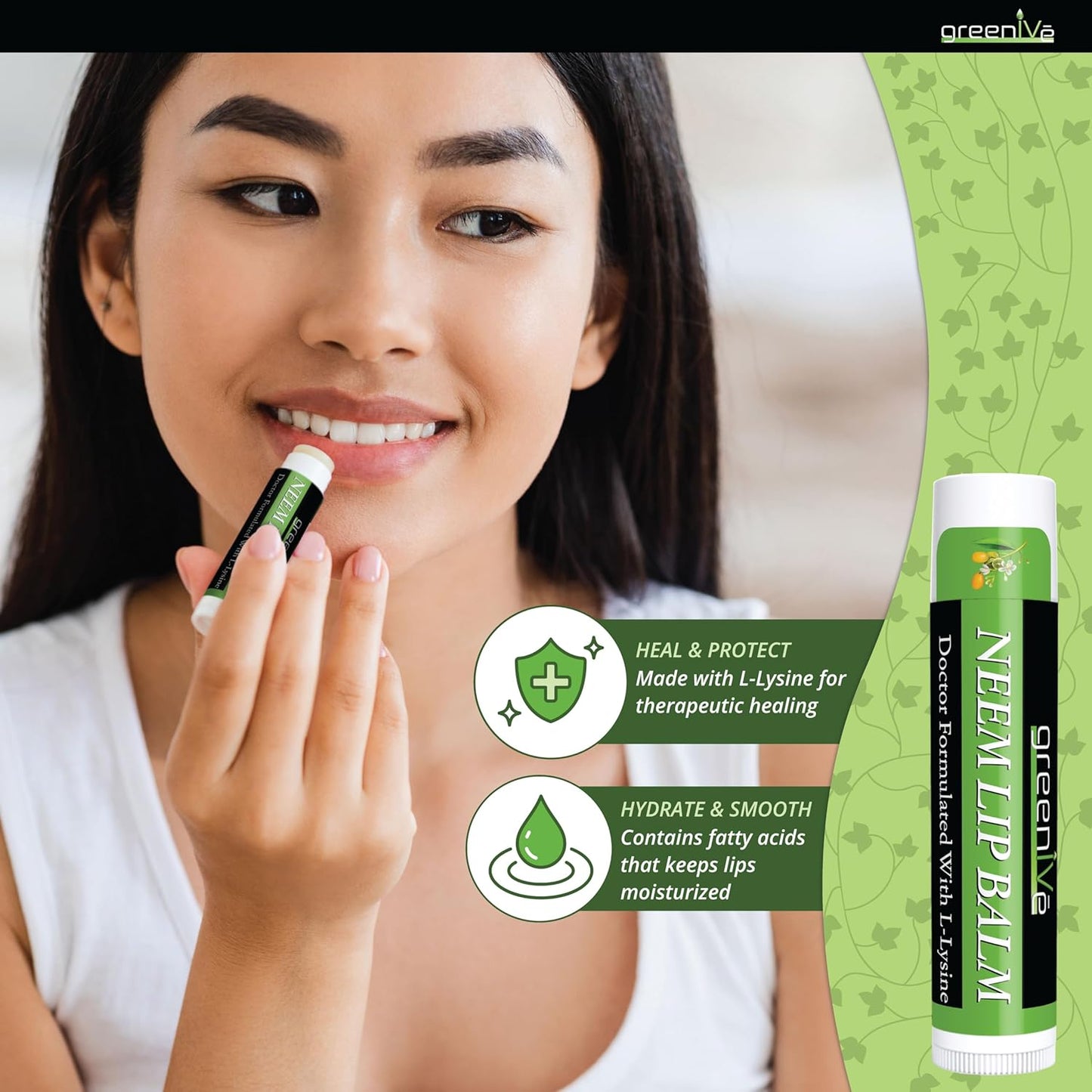 GreenIVe Neem Lip Balm, Vegan Lip Moisturizer with L-Lysine, Soothe and Soften (1)