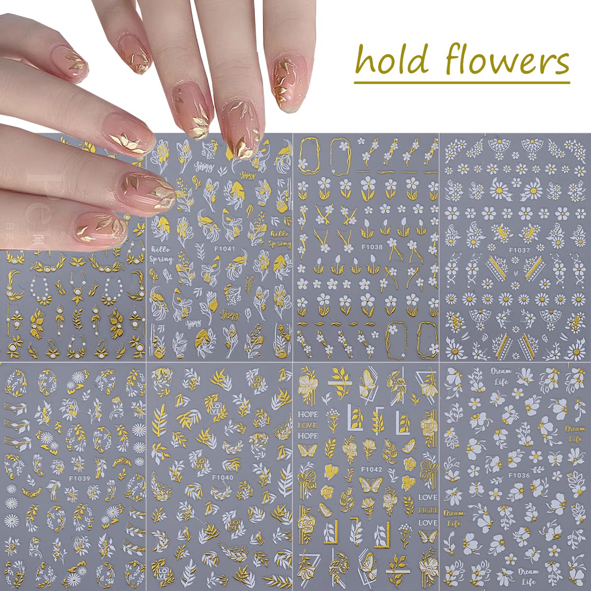 Gold Flowers Nail Stickers for Nail Art, 8Pcs Butterfly Daisy Leaves Design White Gold Nail Art Stickers 3D Self-Adhesive Nail Supplies Metal Petal Nail Decals for Women Nail Decorations Charms