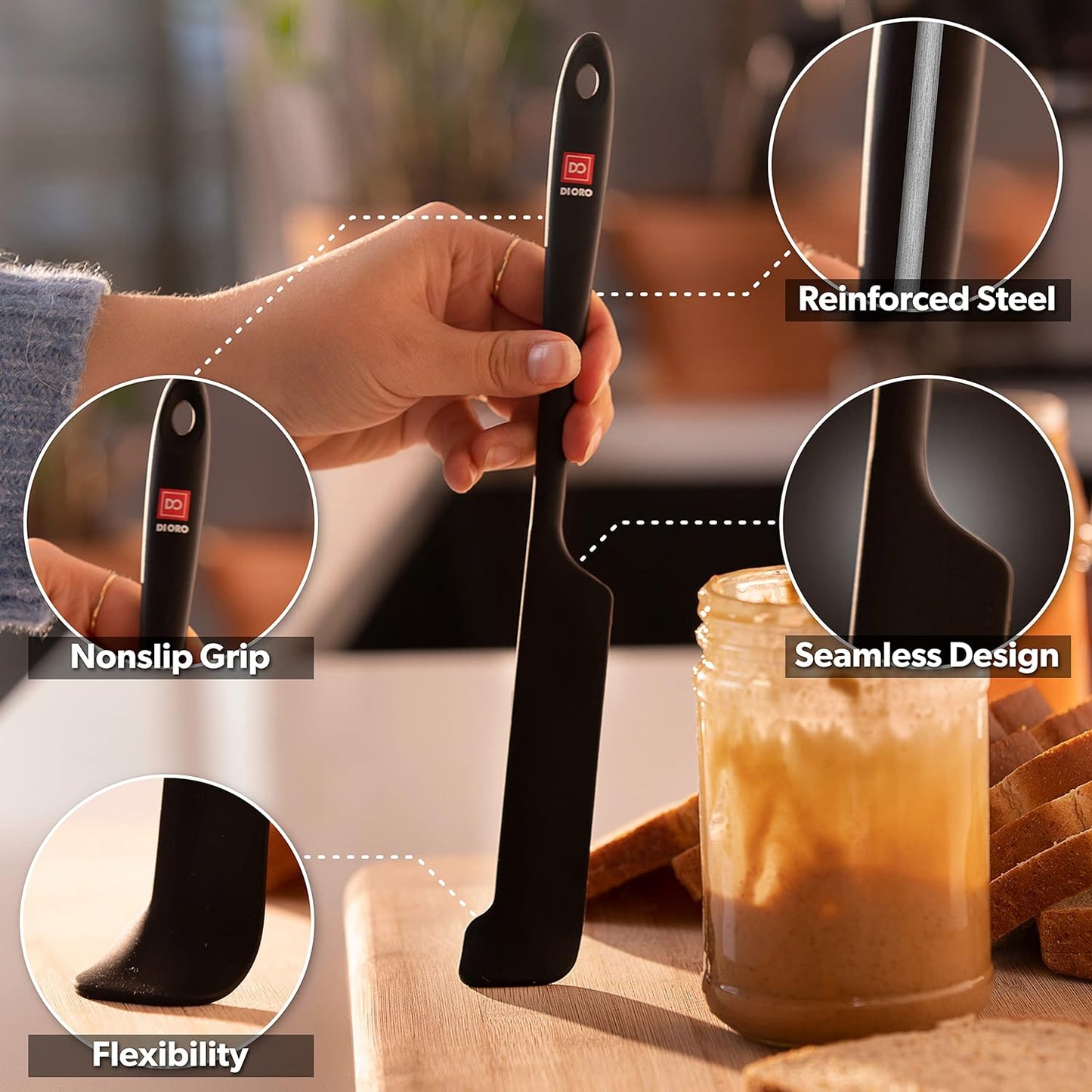 DI ORO Silicone Jar Spatulas for Scraping - Rubber Spatulas Silicone Heat Resistant - Kitchen Spatulas Nonstick Cookware Safe - Silicone Utensil Set for Blenders, Mixing, Baking, & Makeup (5pc, Black)