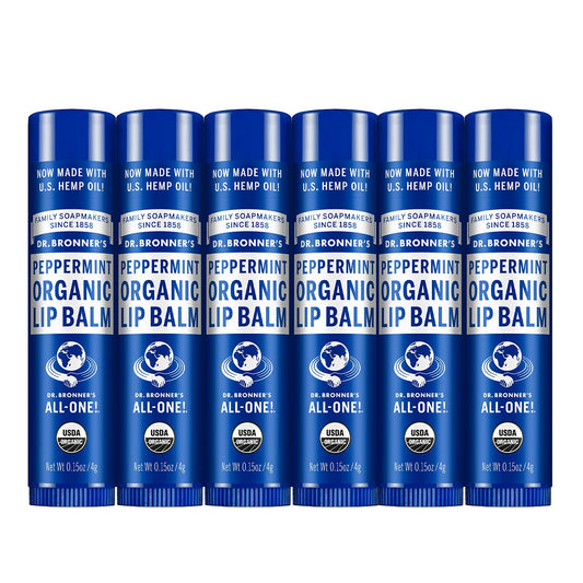 Dr. Bronner's - Organic Lip Balm (Peppermint, 0.15 ounce, 6-Pack) - Made with Organic Beeswax and Avocado Oil, For Dry Lips, Hands, Chin or Cheeks, Jojoba Oil for Added Moisture, Cooling and Hydrating