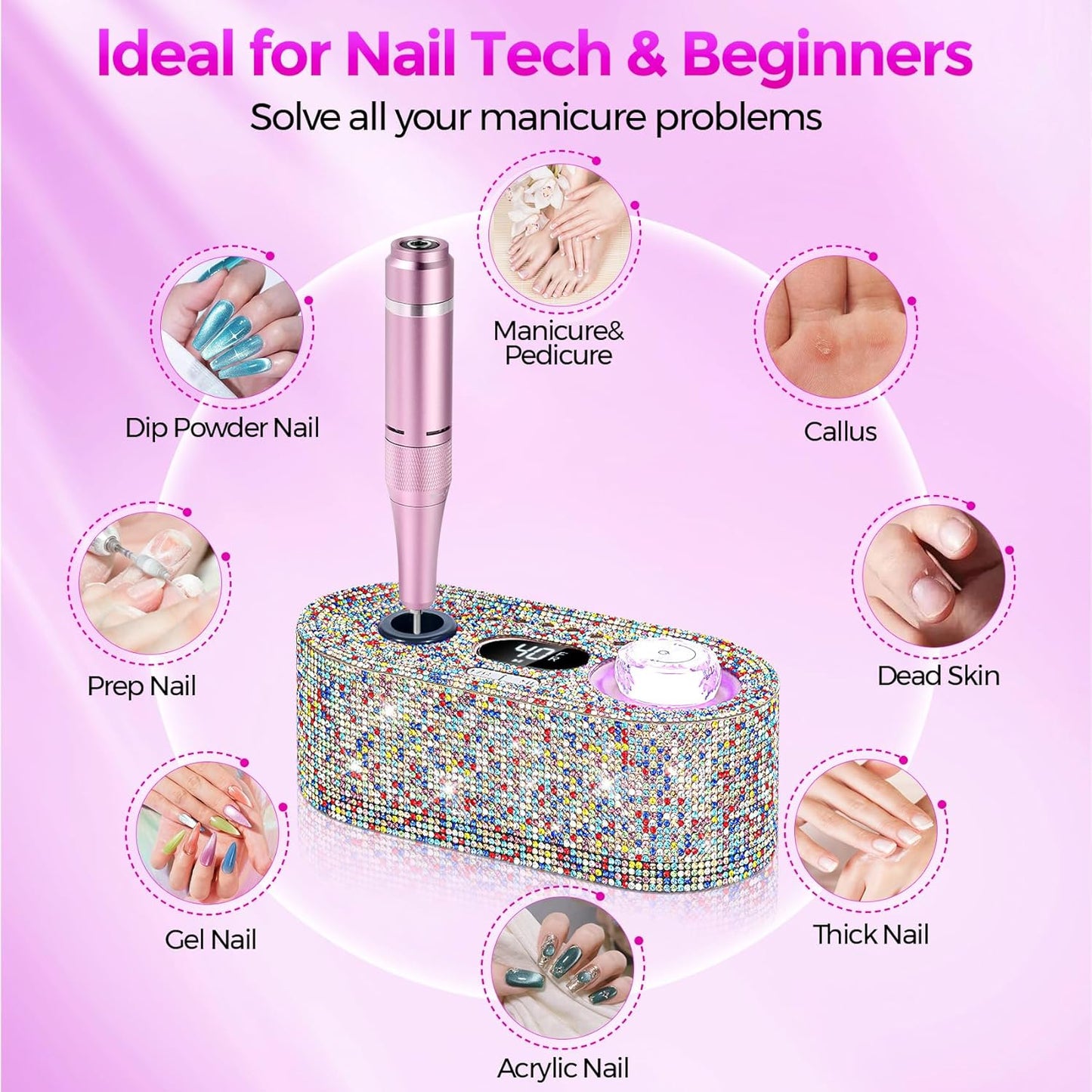 Nail Drill Electric File: DEDNMSCA Sparkly Professional Nail Drill Kit, 40000RPM E-file Machine with USB LED Light and 12 Drill Bits for Acrylic Nail Remove Gel Polish Manicure for Salon Home, Diamond