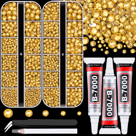 Resin Rhinestones for Crafting with B7000 Jewelry Glue, 2 Boxes Golden Yellow Flatback Crystals with 3Pcs 10ml Glue for Bedazzling Crafts DIY Nail Art Makeup, Gems for Clothing Shoes