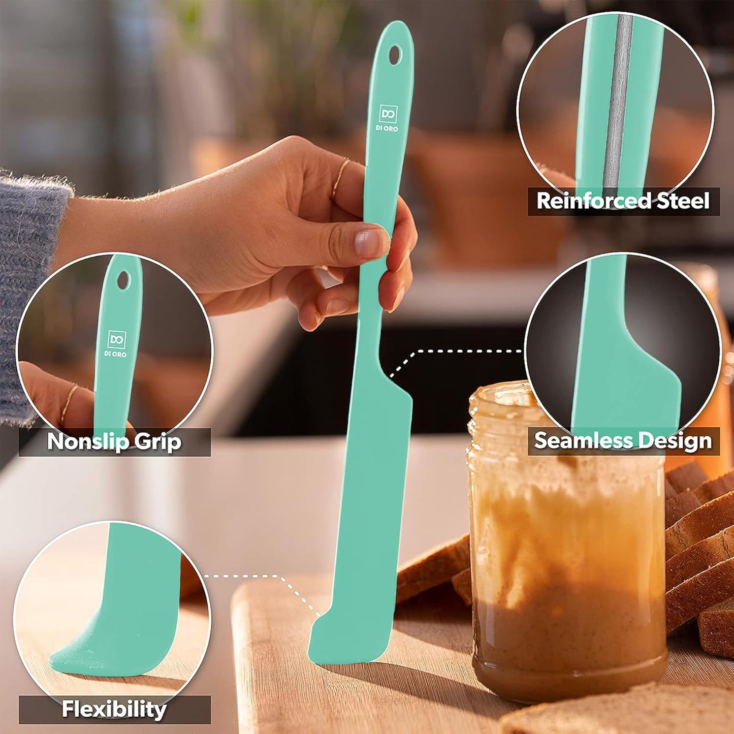 DI ORO Silicone Jar Spatulas for Scraping - Rubber Spatulas Silicone Heat Resistant - Kitchen Spatulas Nonstick Cookware Safe - Silicone Utensil Set for Blenders, Mixing, Baking, & Makeup (5pc, Mint)