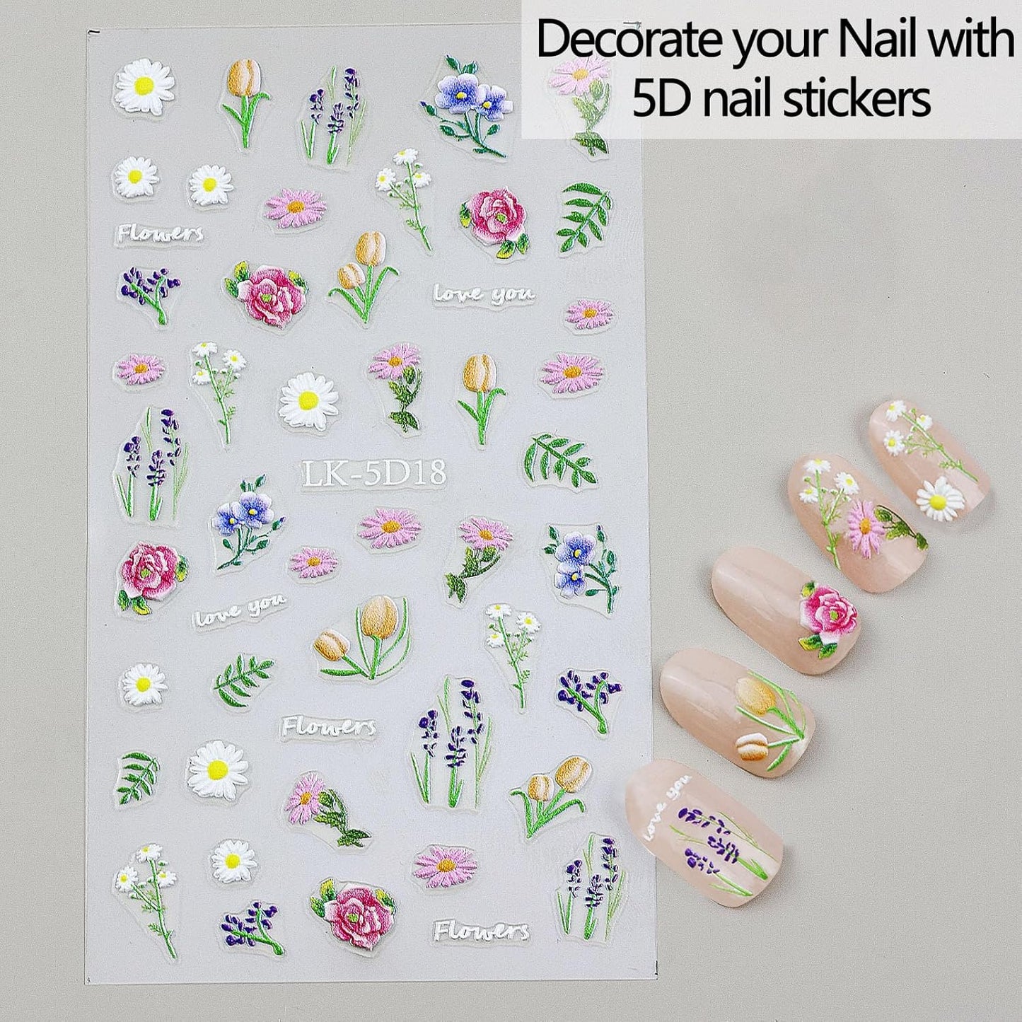 Flower Nail Stickers for Nail Art 5D Embossed Nails Decals Self Adhesive Spring Summer Floral Nails Decoration for Women 3D Design Colorful Flower Daisy Lavender Supplies