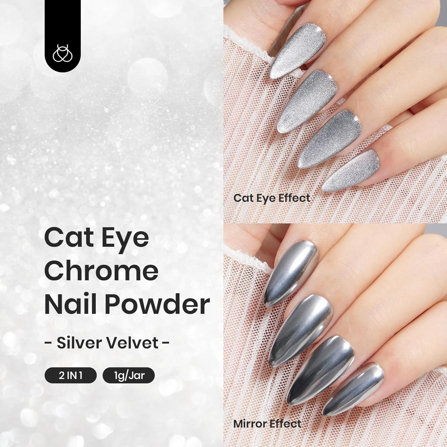 beetles Chrome Nail Powder Metallic with Top Coat Set- Silver Mirror Effect Galaxy Glitter Gel Polish, 1g/Jar with 7.5ml No Wipe UV Gel Top Coat for DIY Nails Art Salon Manicure Design Decoration