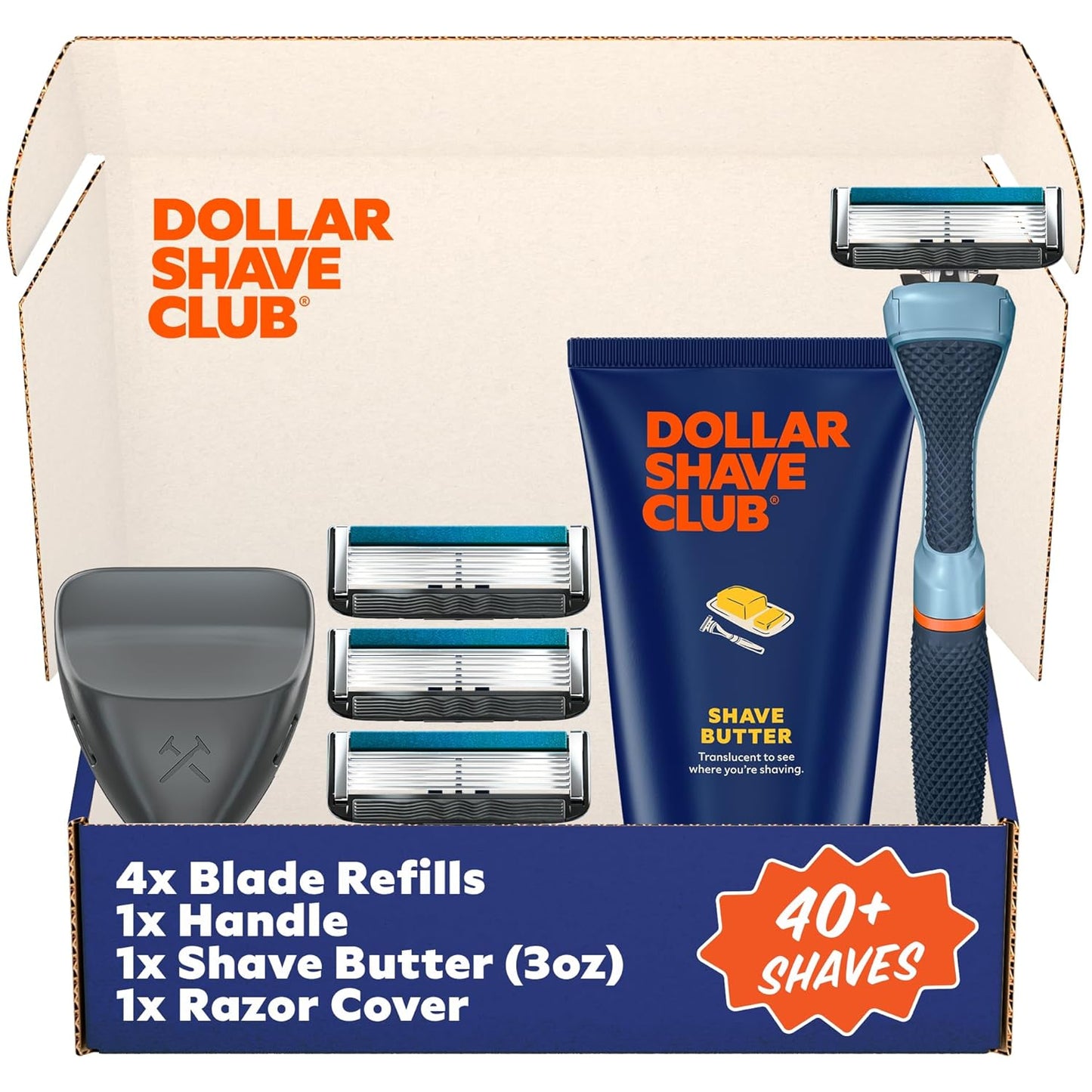 Dollar Shave Club | The Member Exclusive Shave Set | 4 Extra Close Refill Cartridges, 1 Handle (Blue), 1 Shave Butter 3 ounce, 1 Razor Cover, Razors for Men