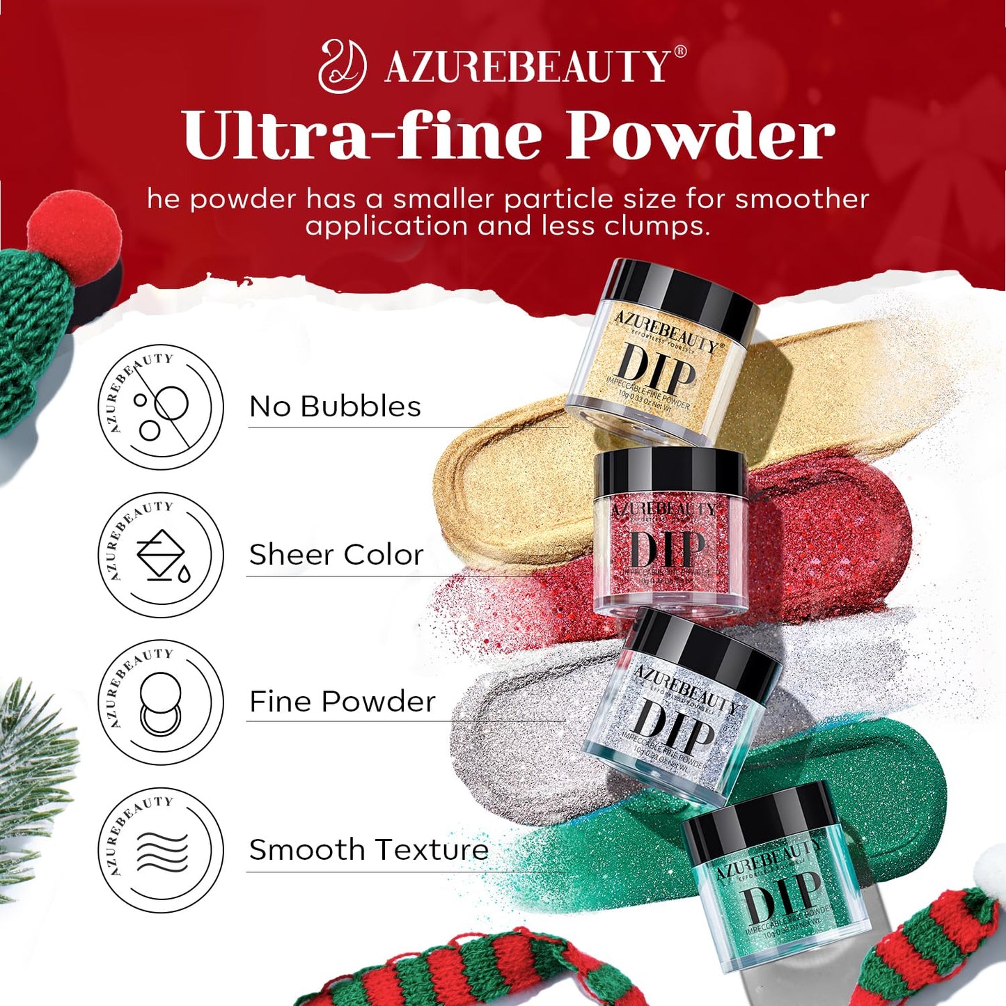 AZUREBEAUTY 30Pcs Dip Powder Nail Kit Starter, 8 Colors Green Red Gold Silver White with Nail Sticks, Nail Art Liquid Set with Matte/Base/Top Coat Activator for French Manicur