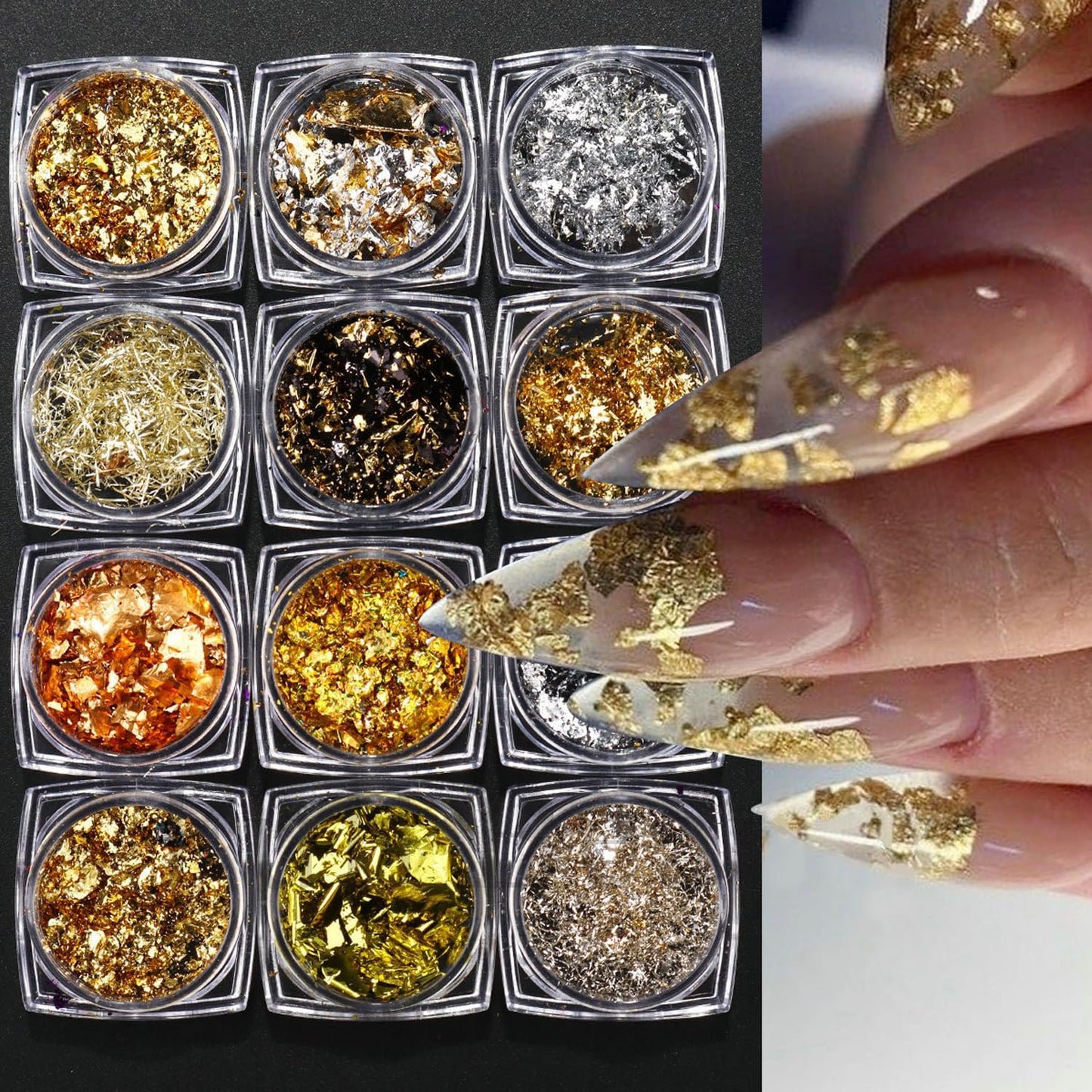 12 Boxes Aluminum Nail Flakes Foils Set - Gold Silver Irregular Paillette Nail Art Sequins 3D Shinny Ultra-Thin Aluminum Foil Nail Art Flakes Glitter Sticker for Manicure Decor DIY Crafts Accessory