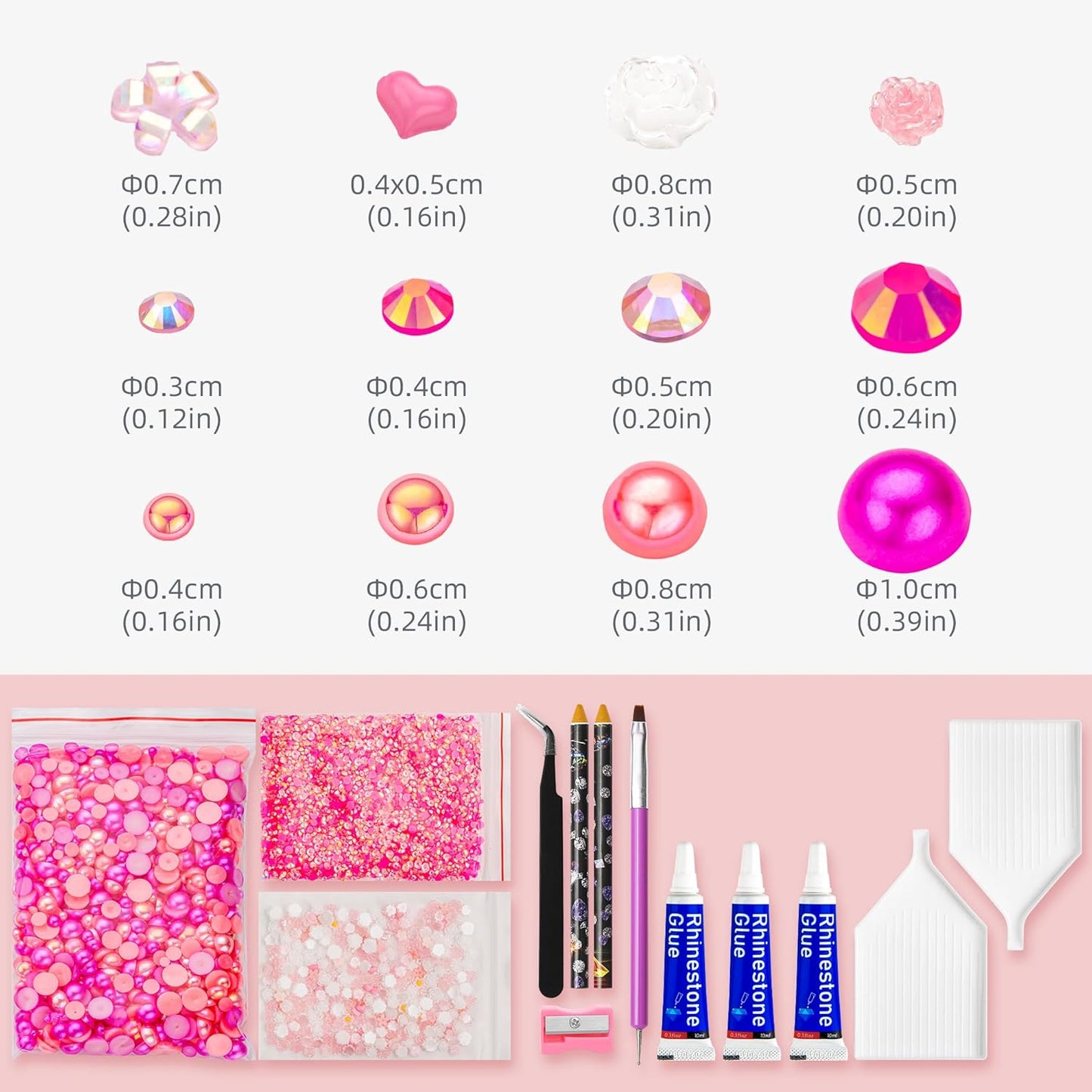 160g Peach Pink Flat Back Pearls Rhinestones with Gel for Crafts Mixed Size 3mm-10mm AB Color Round Half Pearls Flatback Pearl Beads and Resin Rhinestones Set for Face Art