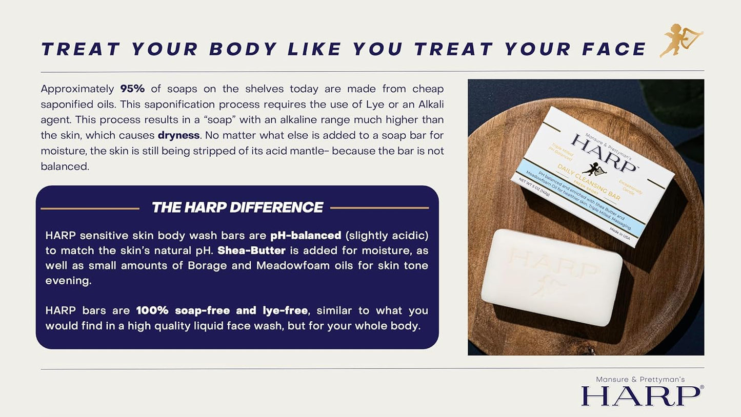 HARP pH-Balanced (5.0-6.0) Exfoliating Body Wash Bar - FRAGRANCE FREE. Bamboo Powder Exfoliation -the perfect consistency. Soap/Lye/Preservative/Dye/Masking agent-Free. Non-comedogenic. 5oz