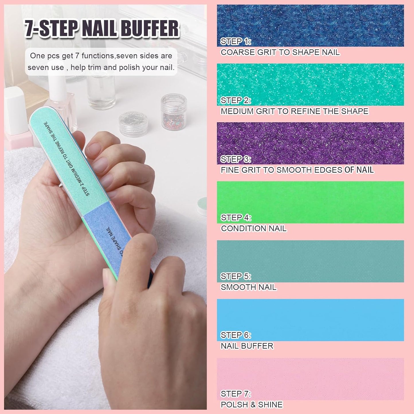 FANDAMEI Nail Buffers and Files, 8PCS Colorful Nail Buffer Block, 8PCS Blue Nail File, 2PCS 7 Way Nail File & 2PCS Nail Polishing Buffer. Professional Nail Care Tools Kit.