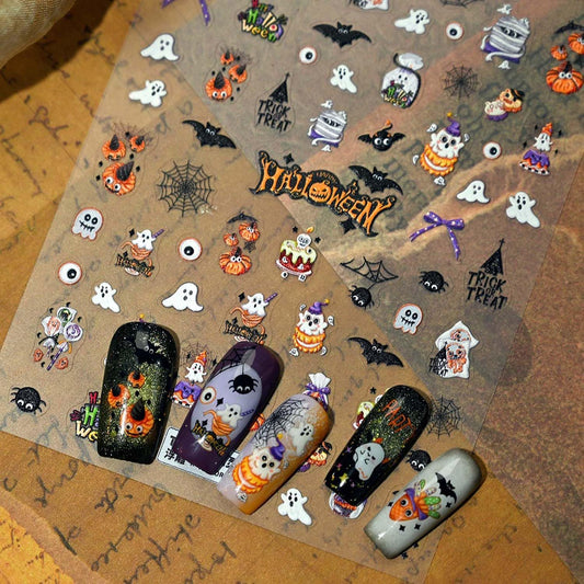 Halloween Nail Sticker 5D Embossed Ghost Nail Decals Bat Eye Cute Nail Stickers Self-Adhesive Pumpkin Spider Nails Supplies for Women Girls Halloween Manicure Decoration