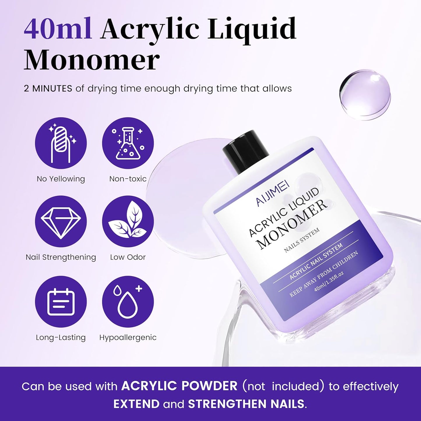 AIJIMEI Acrylic Liquid Monomer for Long Lasting 40ml Acrylic Liquid Professional Nail Art Supplies Suitable for Salon and Home (2pcs)