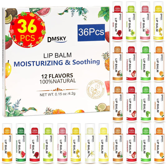 DMSKY Natural Lip Balm Bulk 36 Pack, Moisturizing Lip Balm with Vitamin E and Coconut Oil, Lip Care Product for Chapped Lips-12 Flavors