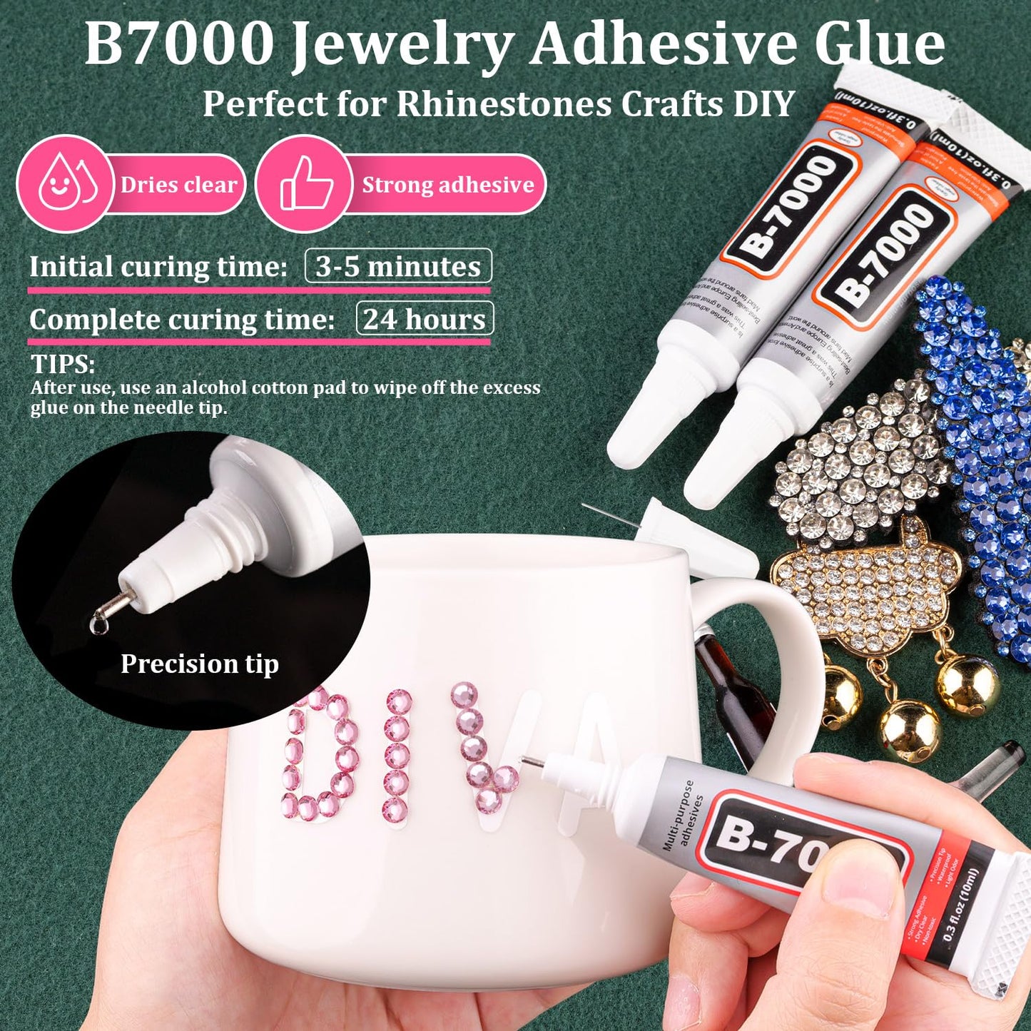 Resin Rhinestones for Crafting with B7000 Jewelry Glue, 2 Boxes Dark Pink Flatback Crystals with 3Pcs 10ml Glue for Bedazzling Crafts DIY Nail Art Makeup，Non Hotfix Gems for Clothing Shoes