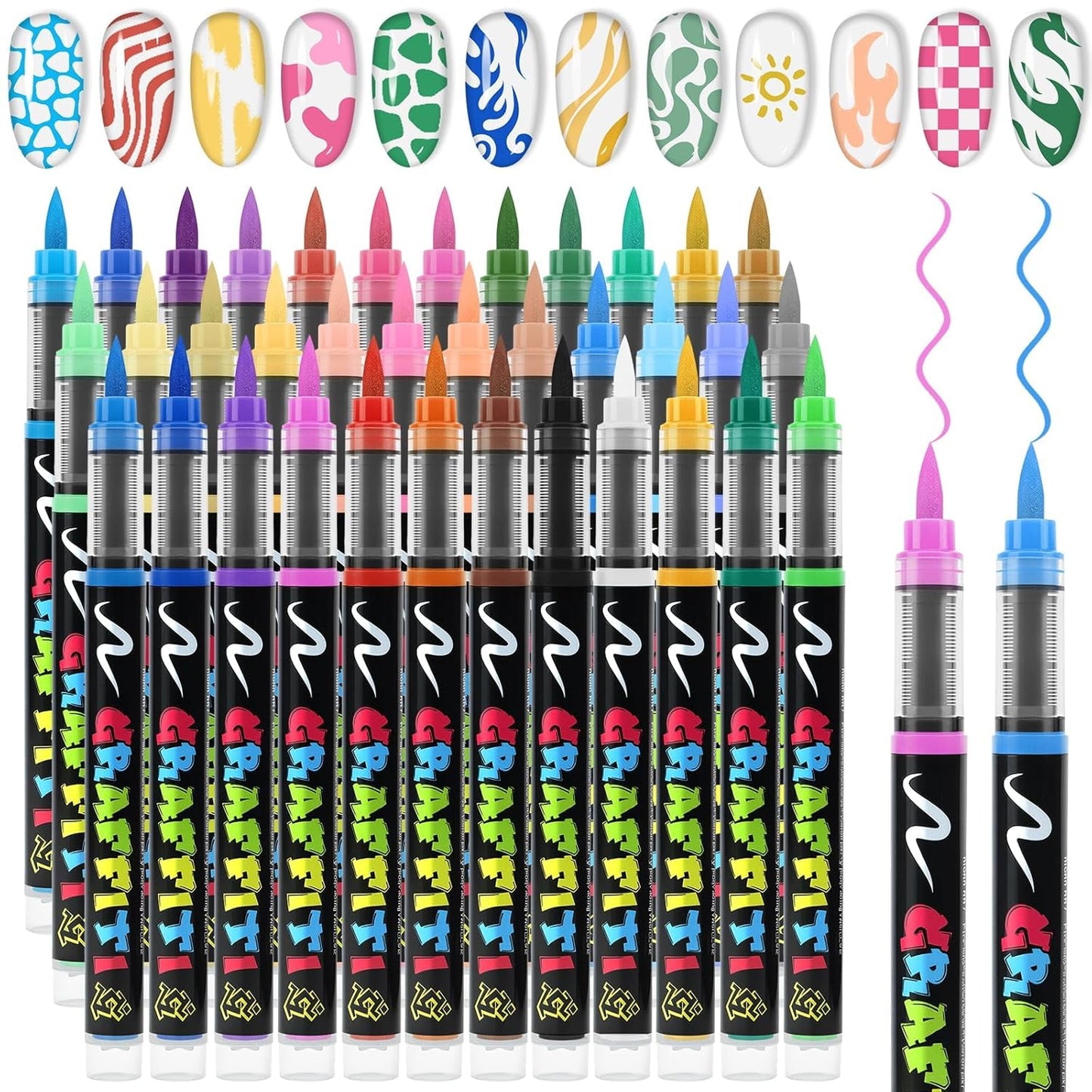 EBANKU 36 Colors Nail Art Pens Set, Quick Drying Nail Polish Pens 3D Soft-Tip Acrylic Paint Nail Pens for Nail Art, Nail Point Dotting Liner Pen Sets for Home & Salon Nail DIY Art Design Tools