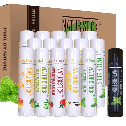 Naturistick Premium Beeswax Lip Balm for Dry, Chapped Lips | 100% Natural Lip Care | Coconut Oil, Shea Butter, Aloe Vera | Moisturizing, Chemical-Free Chapstick | 16 Pack Assorted Scents | Made in USA